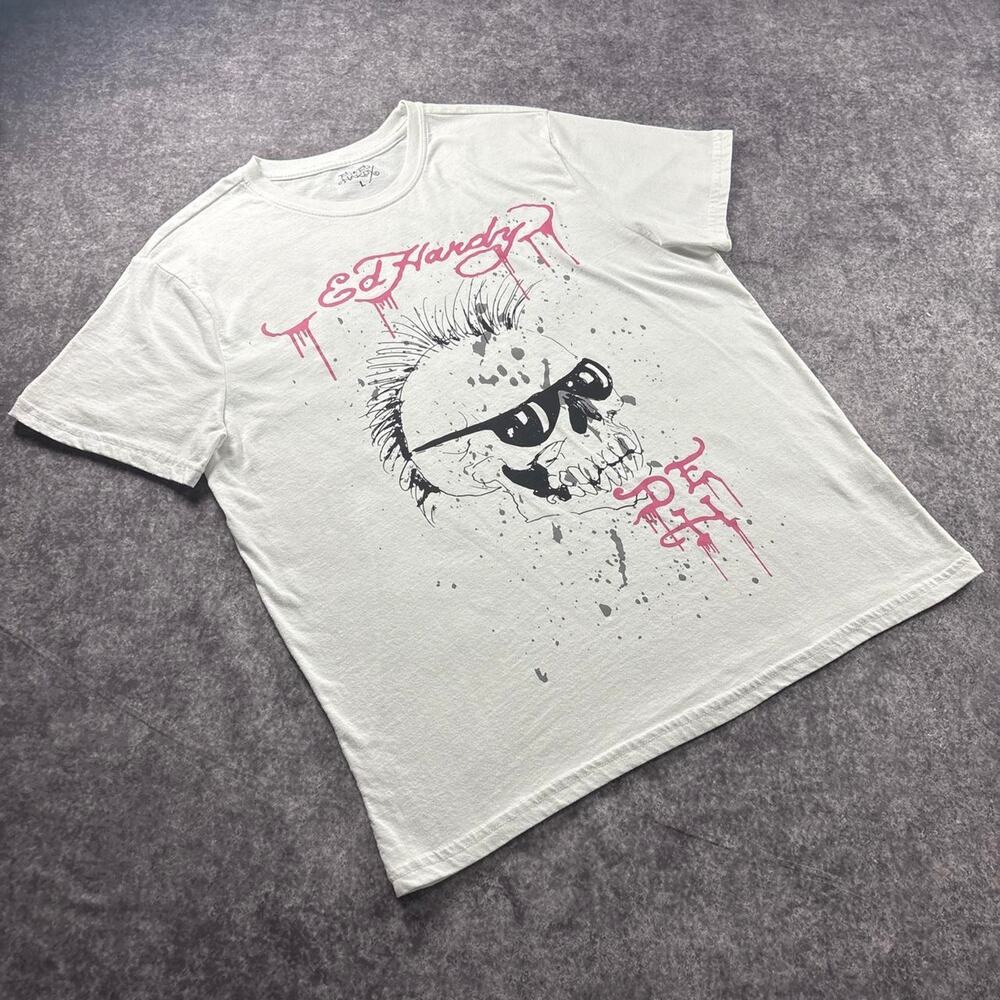 Ed Hardy Punks Not Dead Graphic T Shirt White Men’s Large Skull Y2K